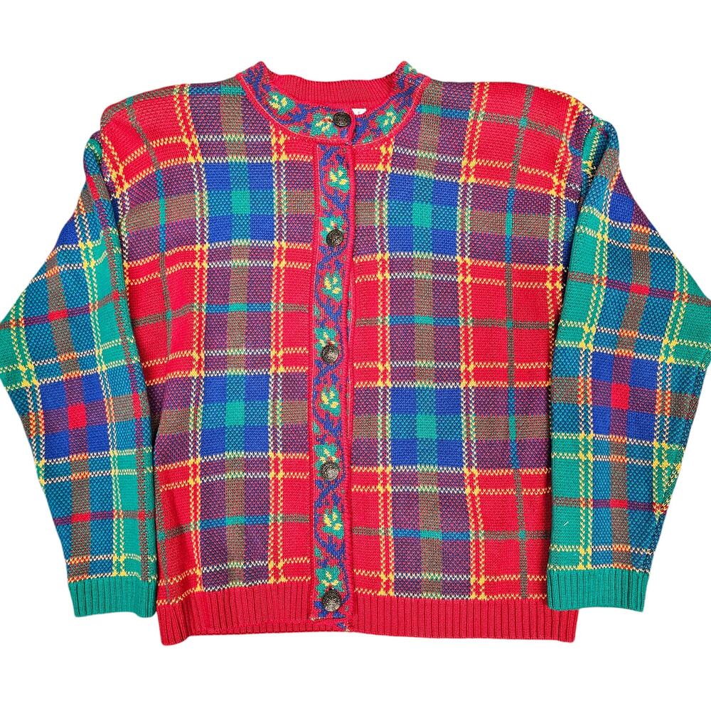 Picone Sport Plaid Button Down Sweater 100% Cotton Women's Petite SP Outerwear